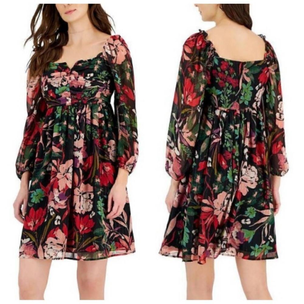 Tahari Floral Black Pleated Top Empire Waist Balloon Sleeves Dress Size 6